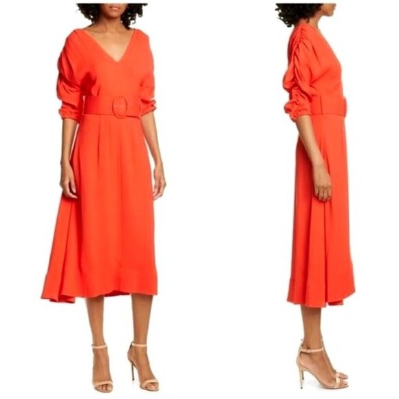 Nicholas Dress Women 10 Red V Neck Gathered Sleeve Fit And Flare Midi - Picture 1 of 12